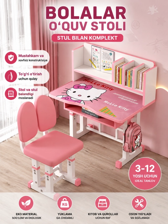 Bolalar uchun dars tayyorlash partasi, qiziqarli va dars uchun qulay, kitob javoni, stol stul - 