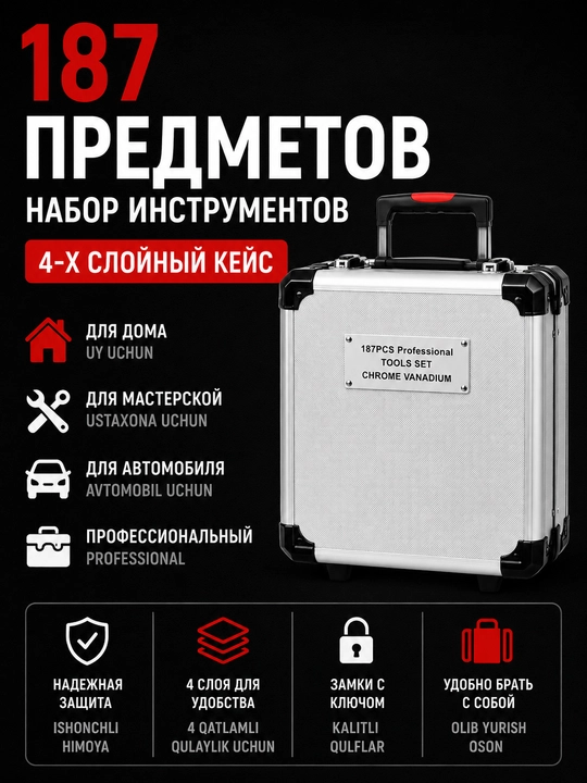 MIR TOOL — Профессиональный набор инструментов 187 предметов в алюминиевом кейсе