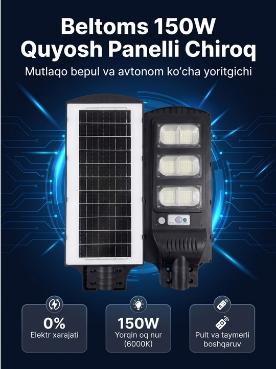 Quyosh panelli ko'cha chirog'i Beltoms 150W 6000K pultli fonar, taymerli simsiz projektori - 