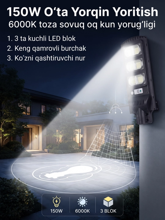 Quyosh panelli ko'cha chirog'i Beltoms 150W 6000K pultli fonar, taymerli simsiz projektori