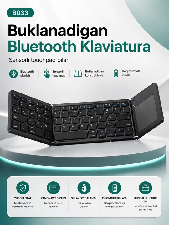 B033 Yig'iladigan Bluetooth Klaviatura Touchpad bilan, Android, iOS, Windows uchun - 