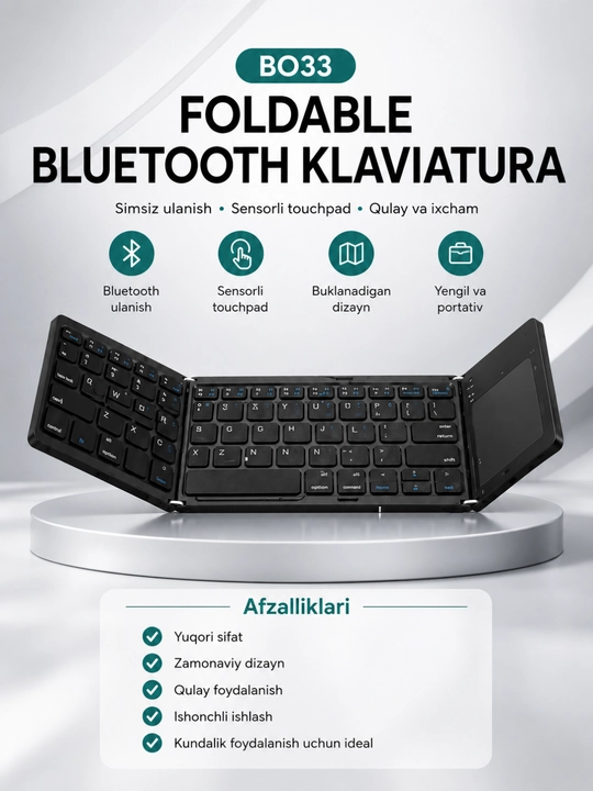 B033 Yig'iladigan Bluetooth Klaviatura Touchpad bilan, Android, iOS, Windows uchun - 