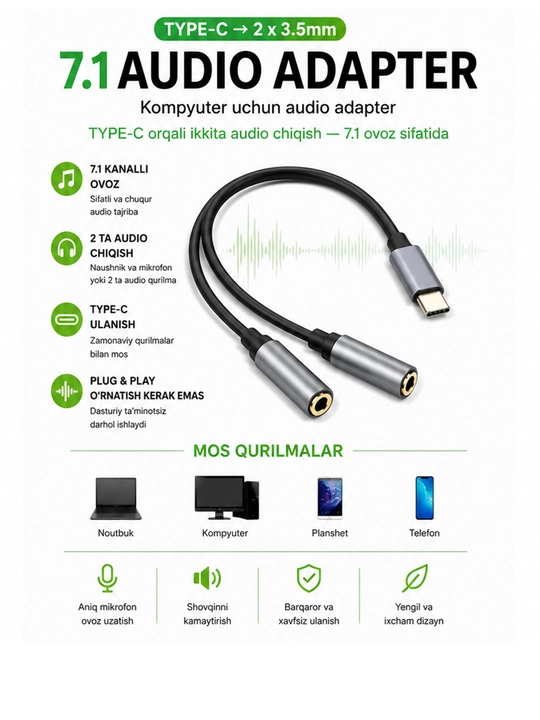Jinghua USB dan 2x3.5 mm AUX audio adapter kabeli, Stereo, Plug & Play, 1080P mos - 