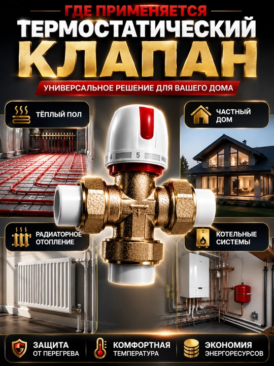 Termostatik uch yo‘lli aralashtiruvchi klapan issiq pol va isitish tizimi uchun guruchli