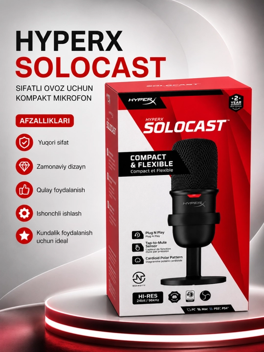 HyperX SoloCast USB Kondensator Mikrofon Streaming Podcast Gaming va Yozuv Uchun - 