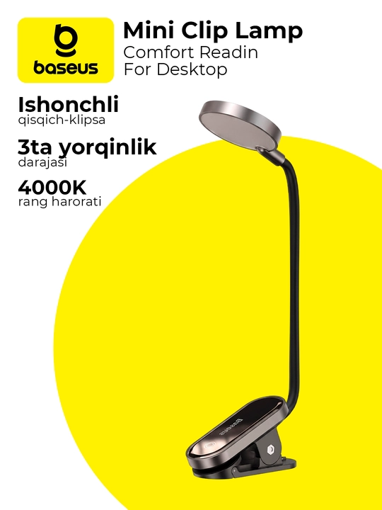Kitob uchun ixcham stol lampasi Baseus Comfort Reading, qisqichli chirog'i, akkumulyatorli - 