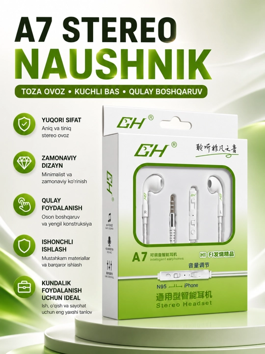 A7 Stereo Simli Naushnik Mikrofonli 3.5 mm Quloqchin Android va iPhone Qurilmalari uchun - 