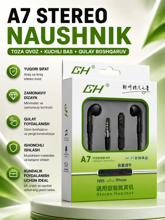 A7 Stereo Simli Naushnik Mikrofonli 3.5 mm Quloqchin Android va iPhone Qurilmalari uchun - 