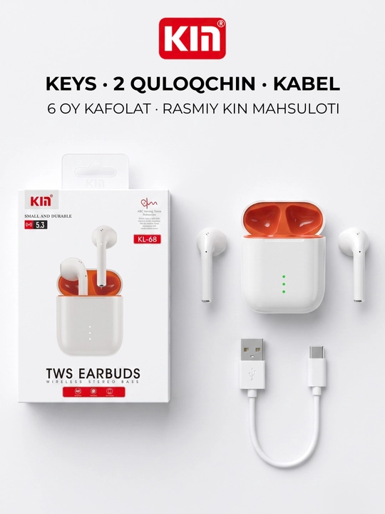 Simsiz quloqchin naushnik KIN KL68 TWS Bluetooth mikrofonli sensorli keysli