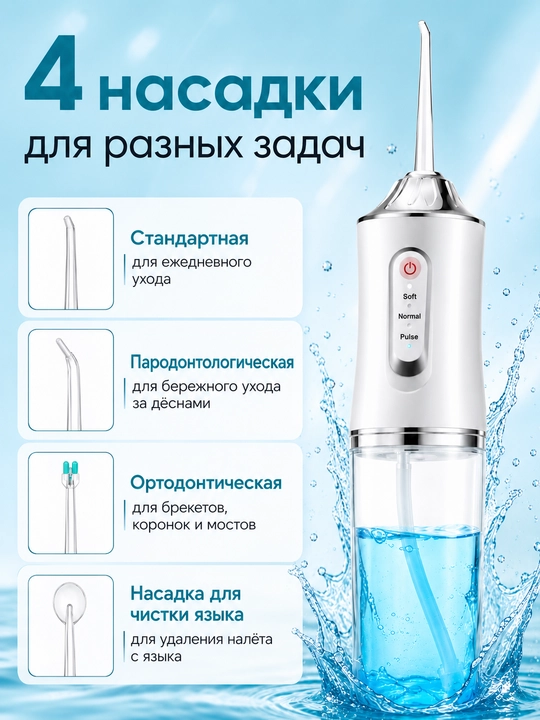 Ирригатор для полости рта и зубов, беспроводной, 230 мл, 3 режима, 4 насадки
