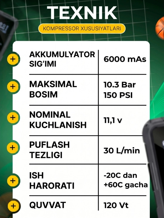Avtomobil uchun elektr simsiz kompressor nasosi + shina ta’mirlash to‘plami