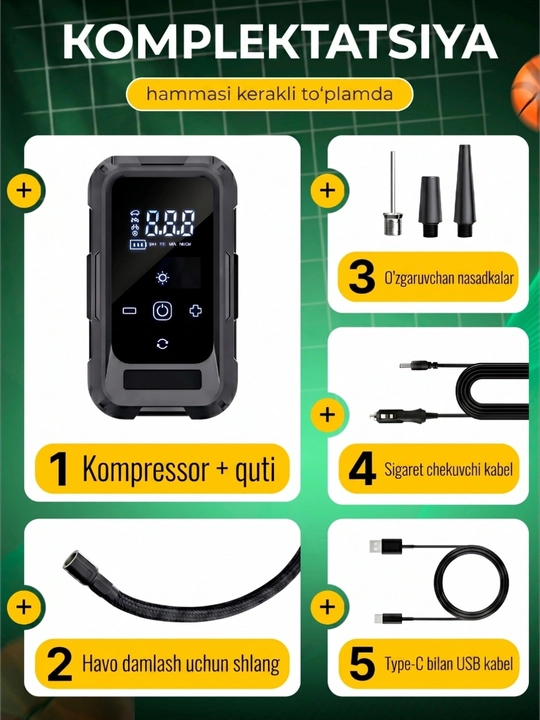 Avtomobil uchun elektr simsiz kompressor nasosi + shina ta’mirlash to‘plami