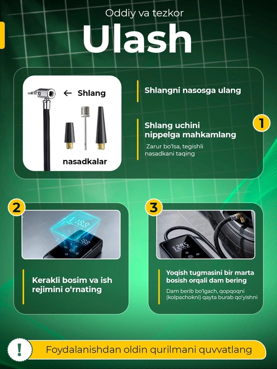Avtomobil uchun elektr simsiz kompressor nasosi + shina ta’mirlash to‘plami