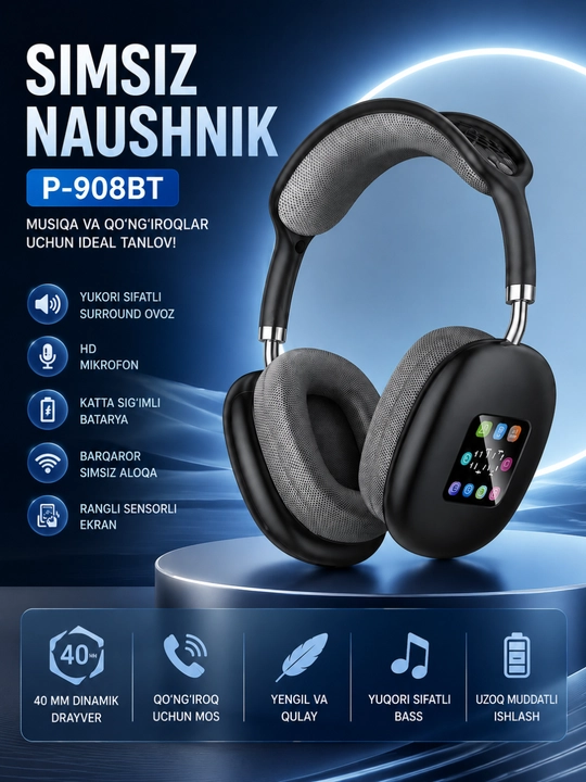 P-908BT simsiz Bluetooth sensorli ekran va mikrofonli quloqchinlar - 