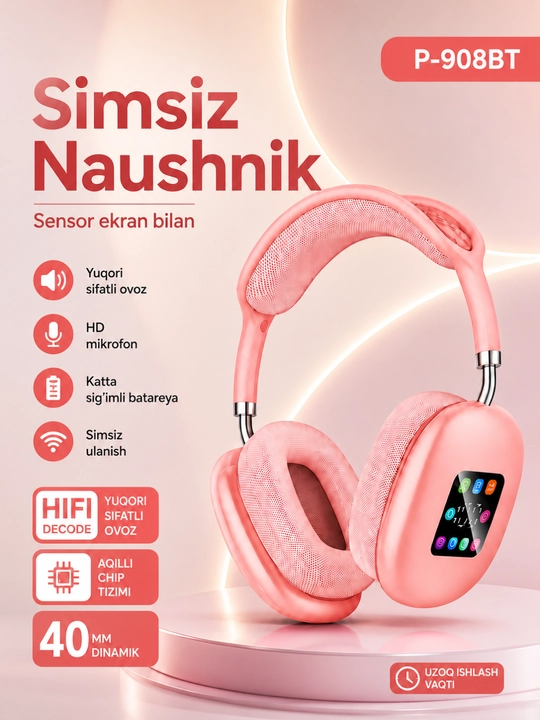 P-908BT simsiz Bluetooth sensorli ekran va mikrofonli quloqchinlar - 