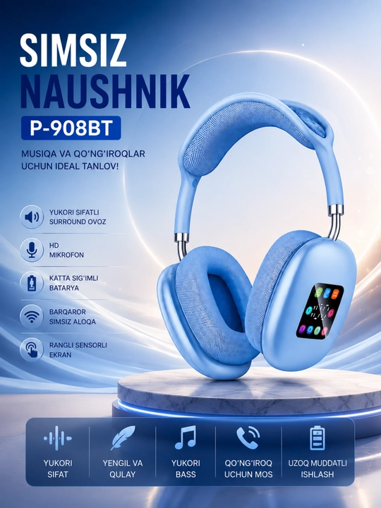 P-908BT simsiz Bluetooth sensorli ekran va mikrofonli quloqchinlar - 