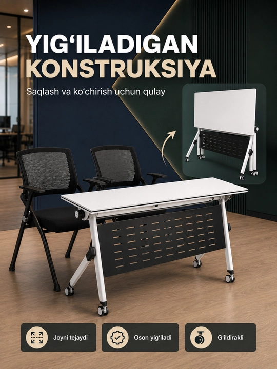 Stol 2 ta stul bilan, g‘ildirakli yig‘ma ofis va konferensiya komplekti
