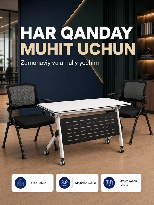 Stol 2 ta stul bilan, g‘ildirakli yig‘ma ofis va konferensiya komplekti