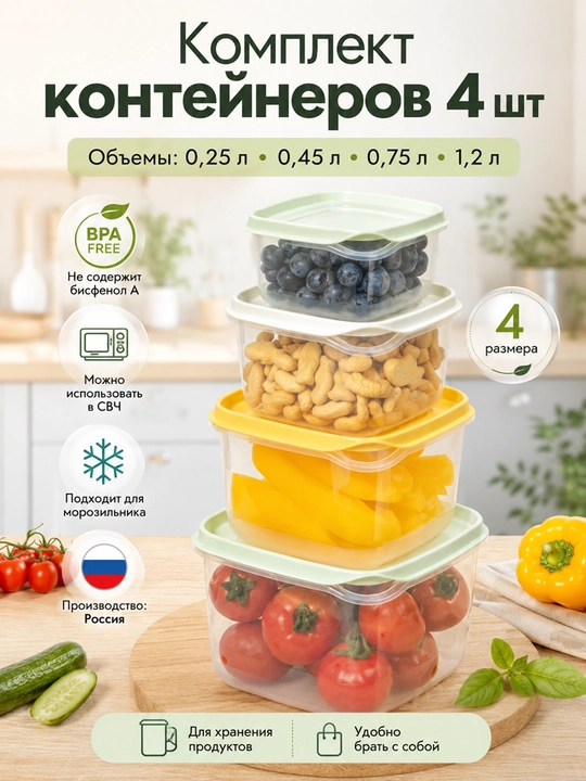 Комплект контейнеров для продуктов, с крышками, с декором, 3, 4, 5, 6 шт - 