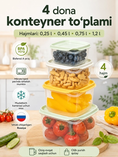 Комплект контейнеров для продуктов, с крышками, с декором, 3, 4, 5, 6 шт