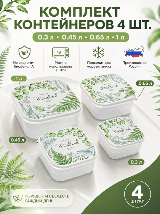 Комплект контейнеров для продуктов, с крышками, с декором, 3, 4, 5, 6 шт