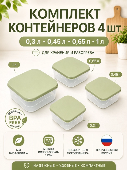 Комплект контейнеров для продуктов, с крышками, с декором, 3, 4, 5, 6 шт