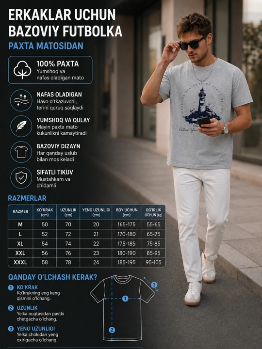 Erkaklar uchun futbolka, 100% paxta  - 
