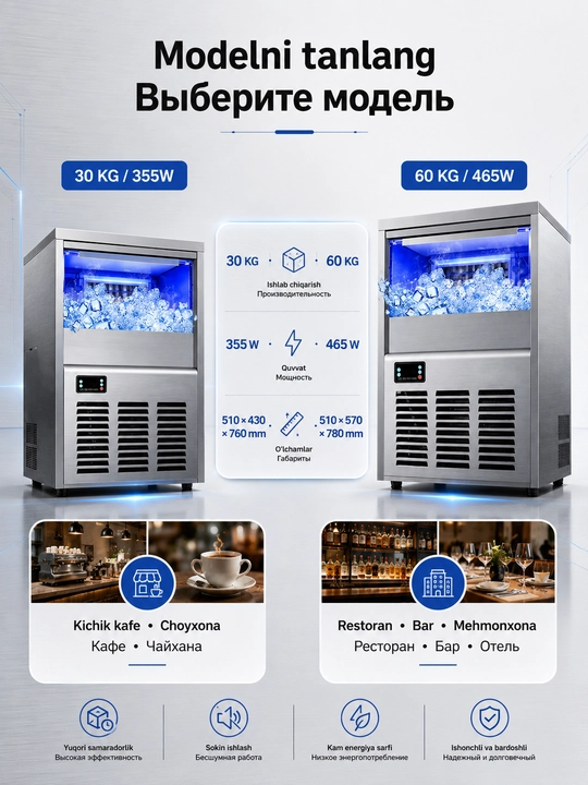 Льдогенератор профессиональный 30/60 кг ледогенератор для бара