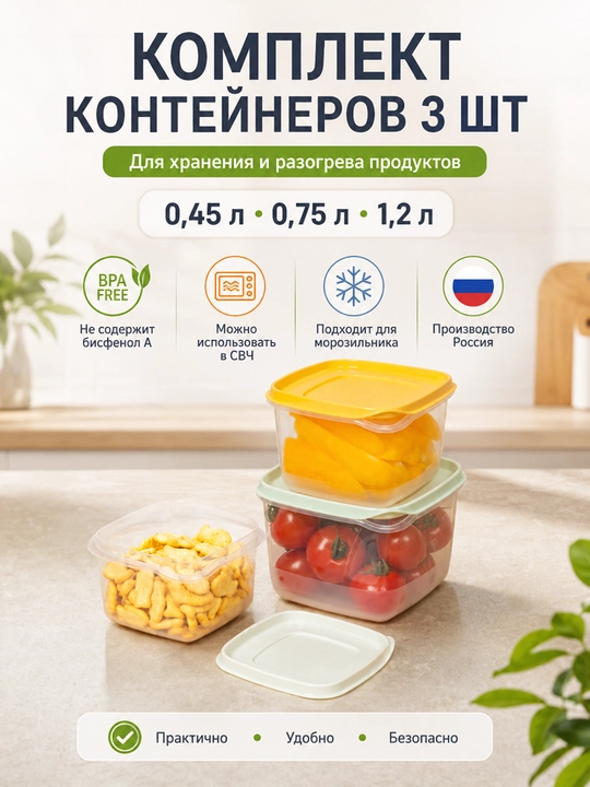 Комплект контейнеров для продуктов, с крышками, с декором, 3, 4, 5, 6 шт - 