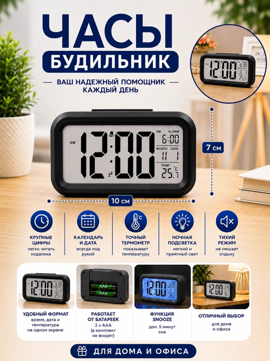 Современный будильник со светодиодным дисплеем. Он отображает время, дату и температуру - 