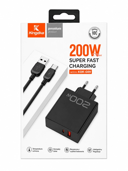 Быстрое зарядное устройство KDK-G09, 200 Вт, с кабелем USB-A + Type-C, 2 порта
