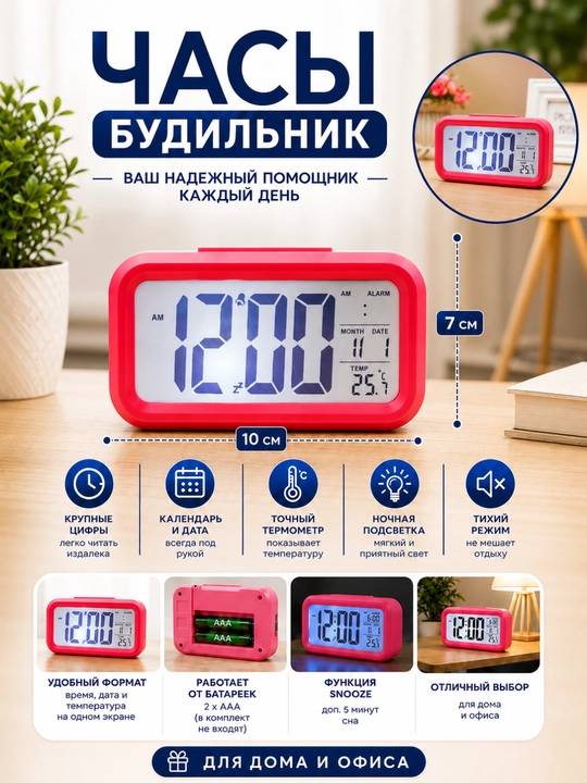 Современный будильник со светодиодным дисплеем. Он отображает время, дату и температуру - 