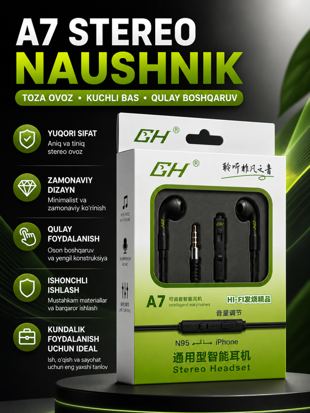 A7 Stereo Проводные Наушники с Микрофоном 3.5 мм для Android, iPhone и Планшетов - 