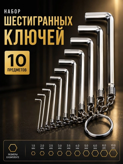 Набор шестигранных ключей 10 предметов | Hex ключи 1.5–10 мм - 