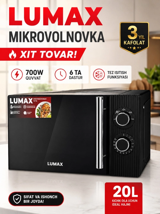 LUMAX Premium 20L Mikroto'lqinli Pech | 700W | Tez Isitish | 3 Yil Kafolat - 