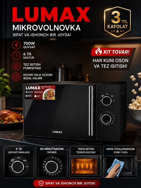LUMAX Premium 20L Mikroto'lqinli Pech | 700W | Tez Isitish | 3 Yil Kafolat