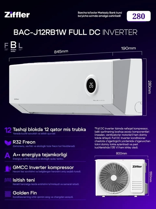 Konditsioner Ziffler J12RB1W Full DC Inverter, 12 BTU, GMCC kompressor, R32, A++,