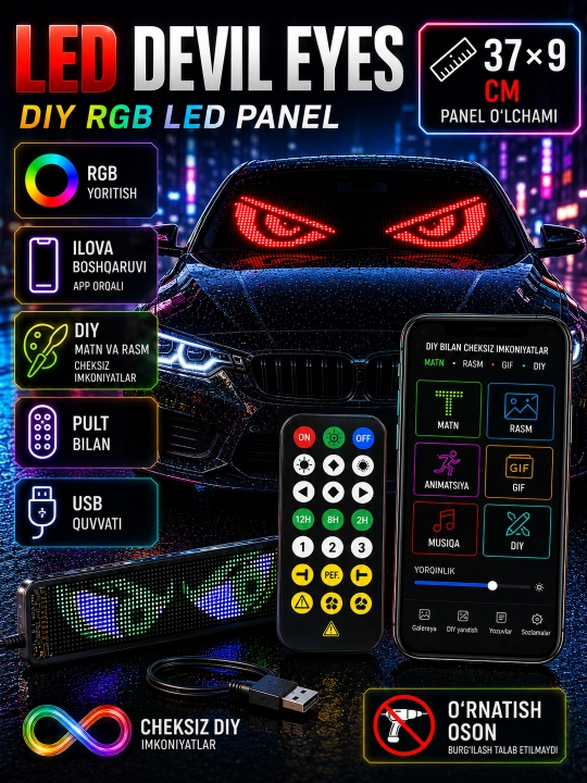RGB LED panel, APP, USB, avtomobil old oynasi uchun, DIY matn, GIF va animatsiya - 