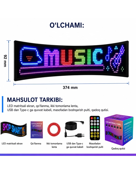 RGB LED panel, APP, USB, avtomobil old oynasi uchun, DIY matn, GIF va animatsiya
