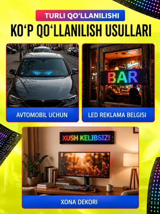 RGB LED panel, APP, USB, avtomobil old oynasi uchun, DIY matn, GIF va animatsiya
