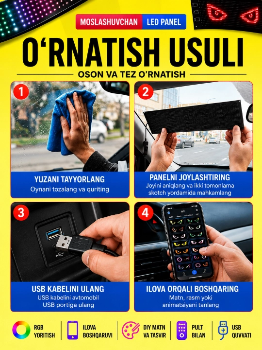 RGB LED panel, APP, USB, avtomobil old oynasi uchun, DIY matn, GIF va animatsiya