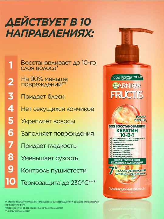 Garnier Fructis Комплексный несмываемый крем-уход SOS Кератин 10в1 , 400 мл