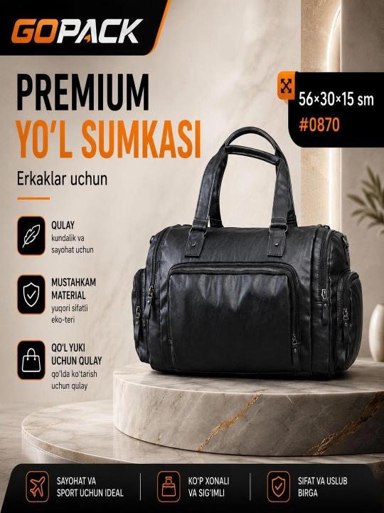 GOPACK qo‘l yuki uchun erkaklar yo‘l sumkasi, poyabzal bo‘limi bilan, o‘lchami 50x30x22 sm