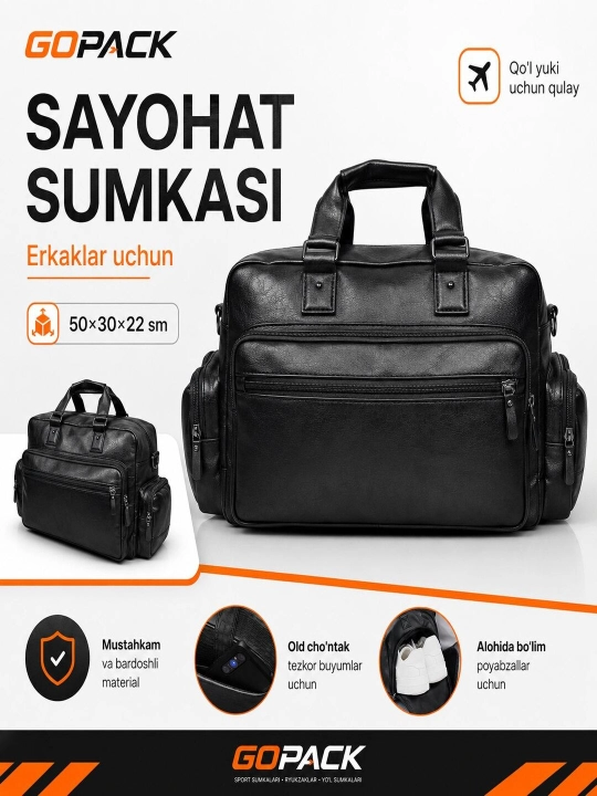 GOPACK qo‘l yuki uchun erkaklar yo‘l sumkasi, poyabzal bo‘limi bilan, o‘lchami 50x30x22 sm
