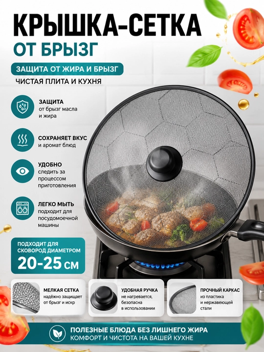 Крышка-сетка от брызг для сковороды, антиразбрызгиватель, защитный экран для жарки - 
