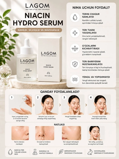 LAGOM Niacin Hydro Serum 50 ml, yuz uchun namlovchi va yorqinlashtiruvchi serum - 