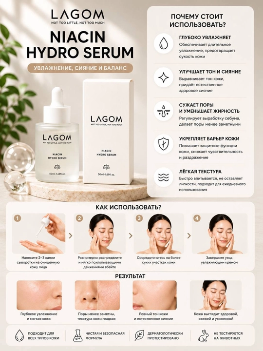 LAGOM Niacin Hydro Serum 50 мл, увлажняющая сыворотка для лица с ниацинамидом