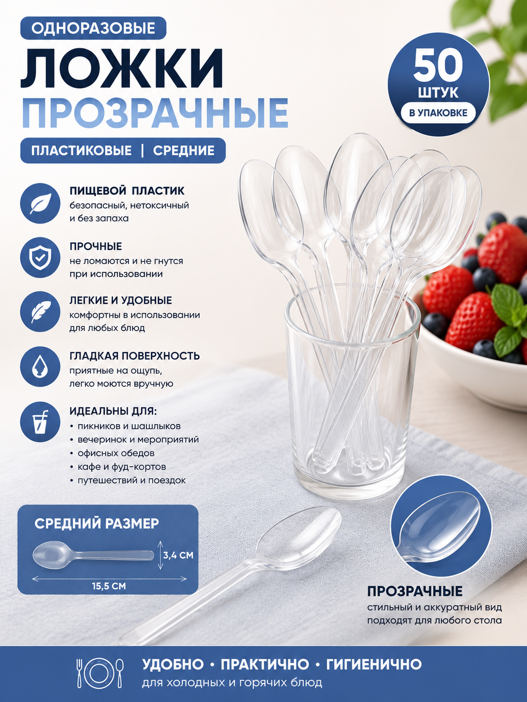 Bir martalik shaffof vilkalar qoshiq pichoq to'plami | Plastik, o'rtacha - 