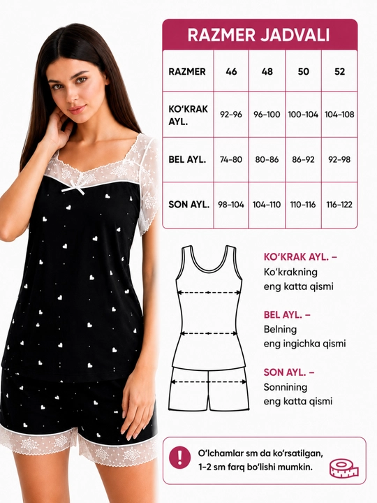 Ayollar uchun paxtali uy kiyimi, yumshoq va qulay, 46-52 razmer, dantelli model