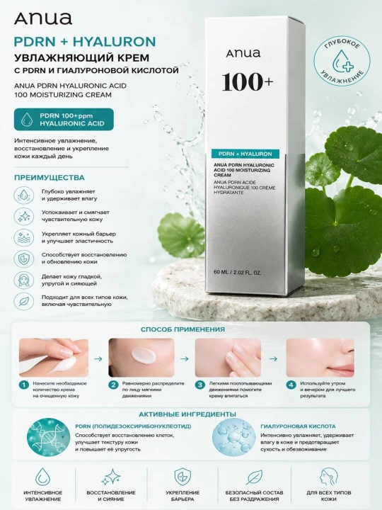 Anua PDRN Hyaluronic Acid 100 Moisturizing Cream, 60 ml - 